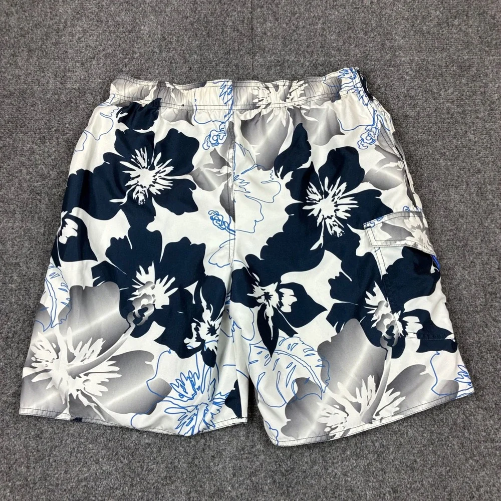 Newport Blue Mens Hibiscus Floral Swim Trunks Navy White Cargo Size Medium
